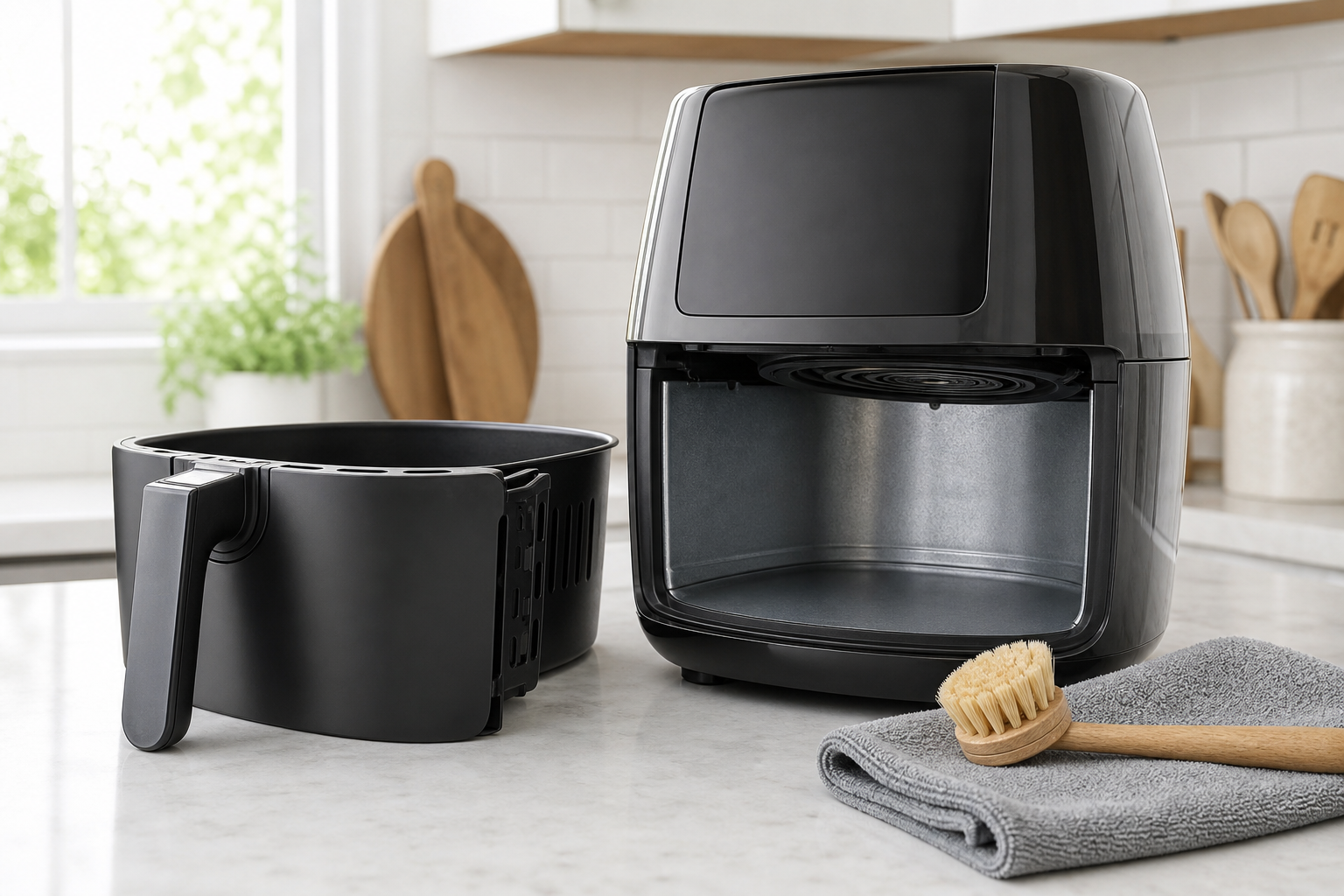 Unplugged generic air fryer with its basket removed beside a soft brush and microfiber cloth