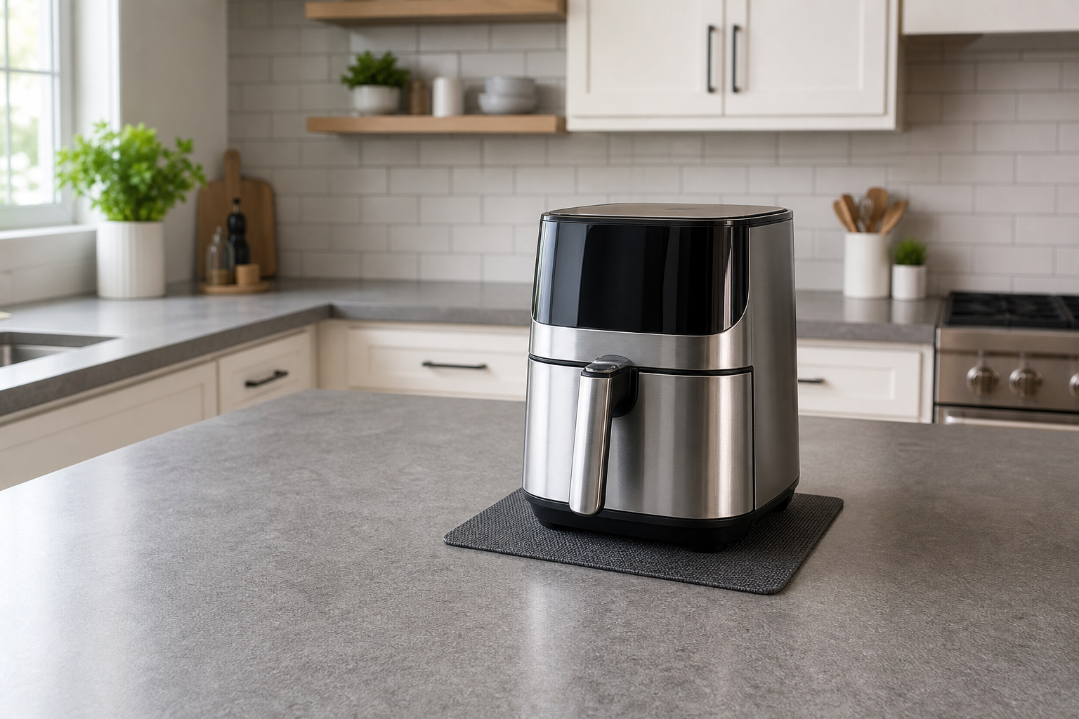Generic air fryer placed with open ventilation space on a bright kitchen counter