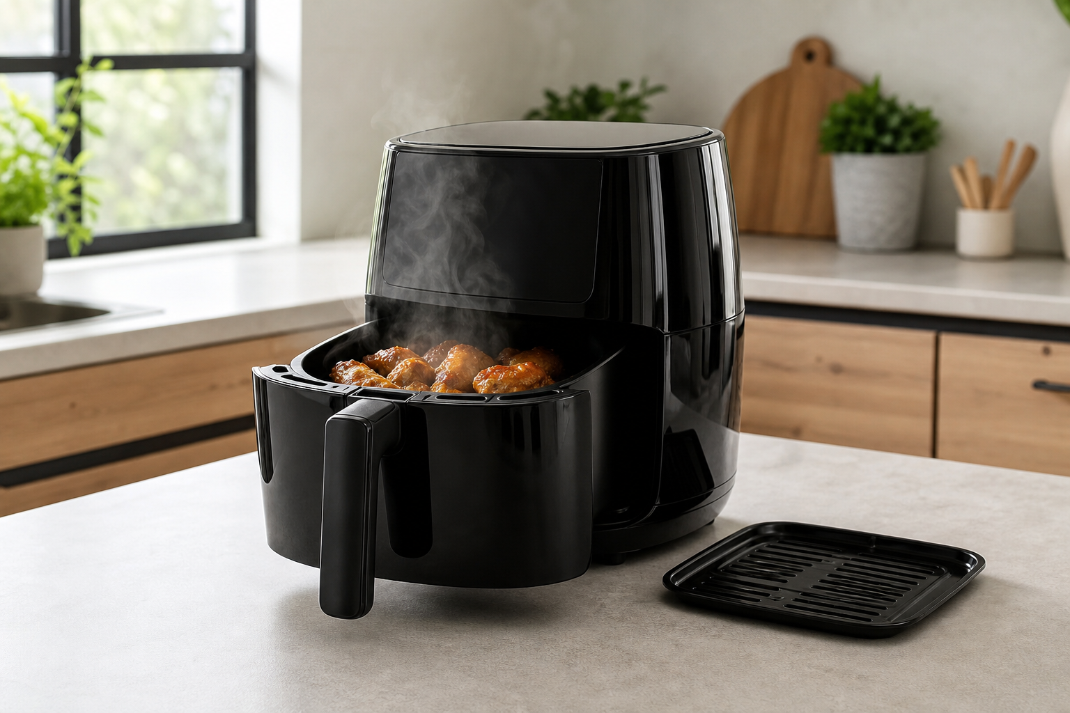 Generic air fryer with light food steam in a spacious ventilated kitchen