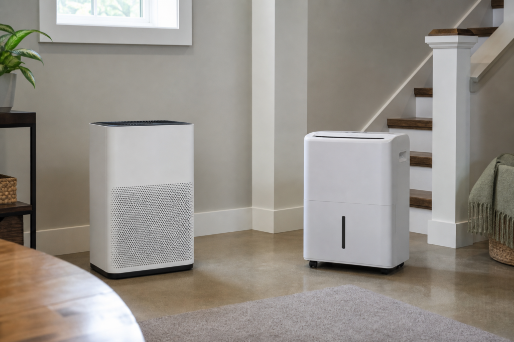 Generic air purifier and dehumidifier in a clean basement room