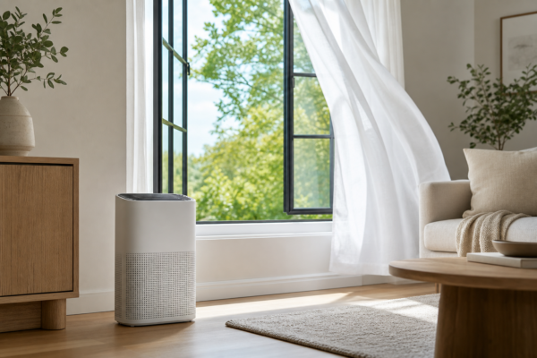 Air purifier operating beside an open living room window