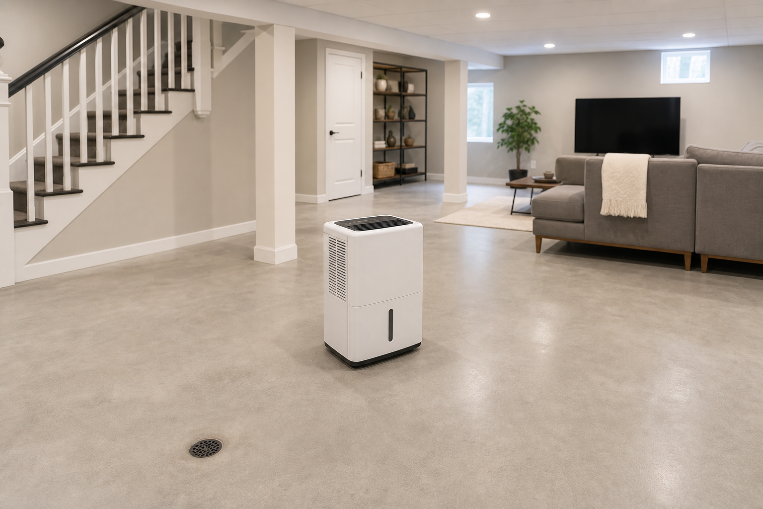 Generic portable dehumidifier positioned with open clearance in a clean finished basement