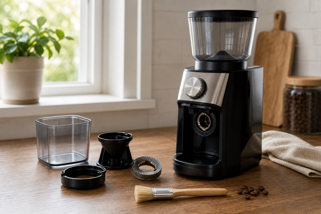 Generic burr coffee grinder with removable parts and a cleaning brush on a wooden counter