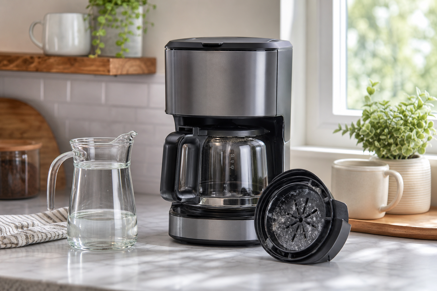 Generic drip coffee maker with an empty carafe and clean water pitcher prepared for descaling