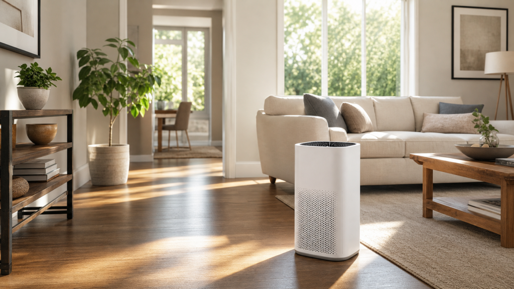 Modern air purifier correctly positioned in an open American living room