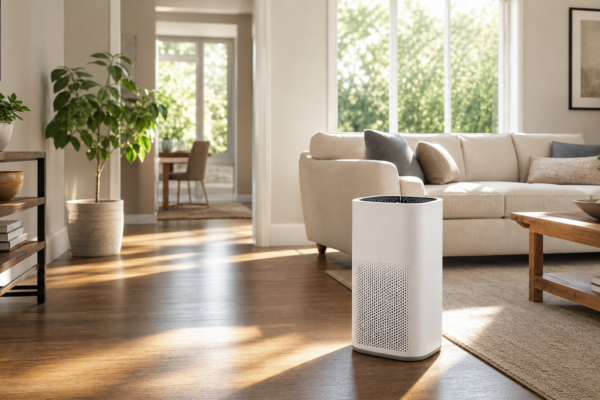 Modern air purifier correctly positioned in an open American living room
