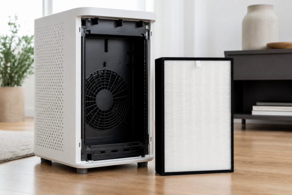 Open air purifier beside a clean pleated replacement filter