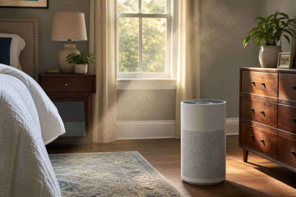 Air purifier running in a sunlit bedroom with airborne dust visible