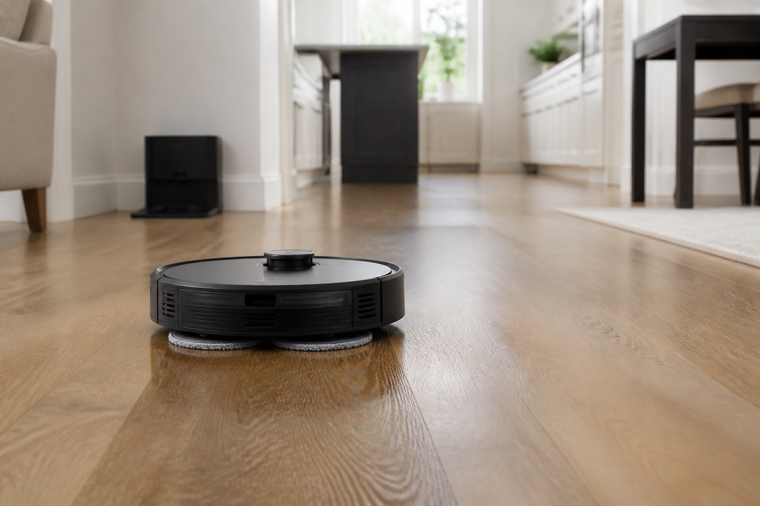 Generic robot vacuum mop moving across a clean sealed hardwood floor