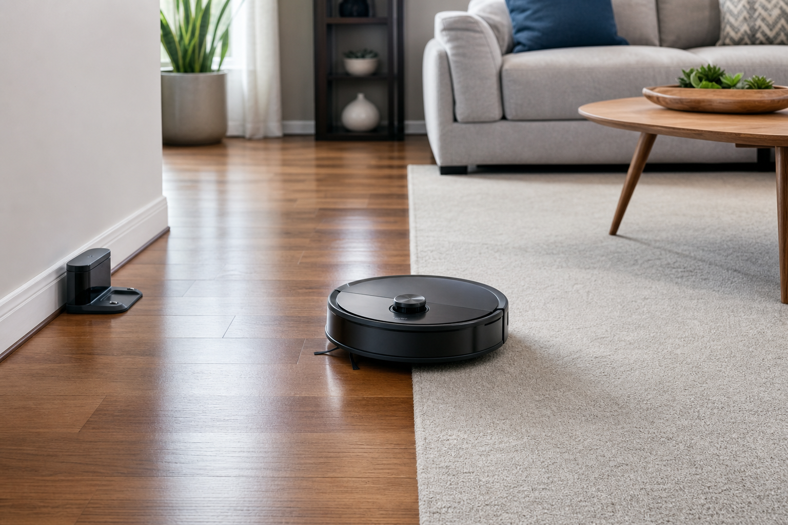 Generic robot vacuum cleaning hardwood and a low-pile rug in a bright living room