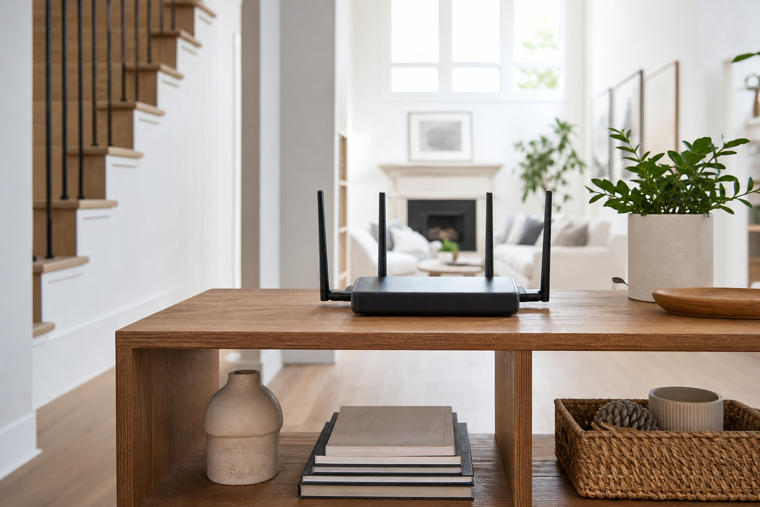 Generic Wi-Fi router positioned openly on a shelf in a bright two-story home