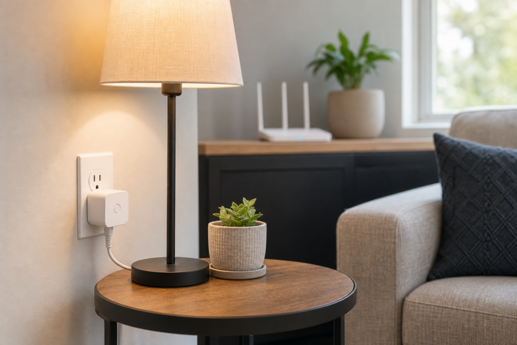 Generic smart plug connected to a lamp with a Wi-Fi router in the background