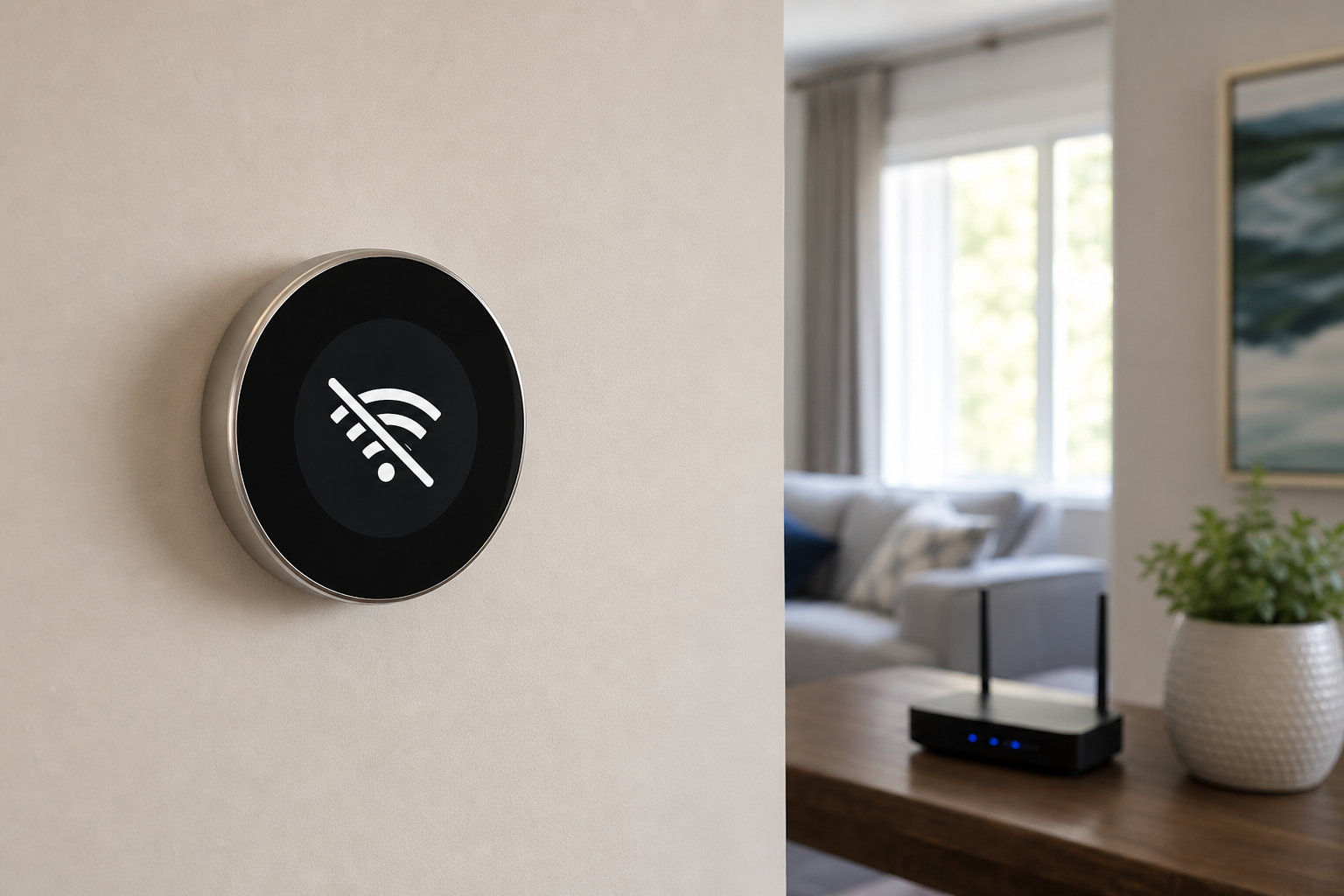 Generic smart thermostat displaying a Wi-Fi connection symbol in a modern living room