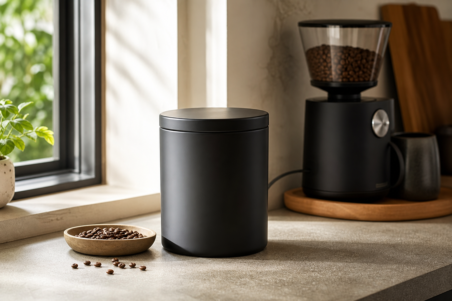 Opaque airtight coffee bean container on a tidy home coffee counter